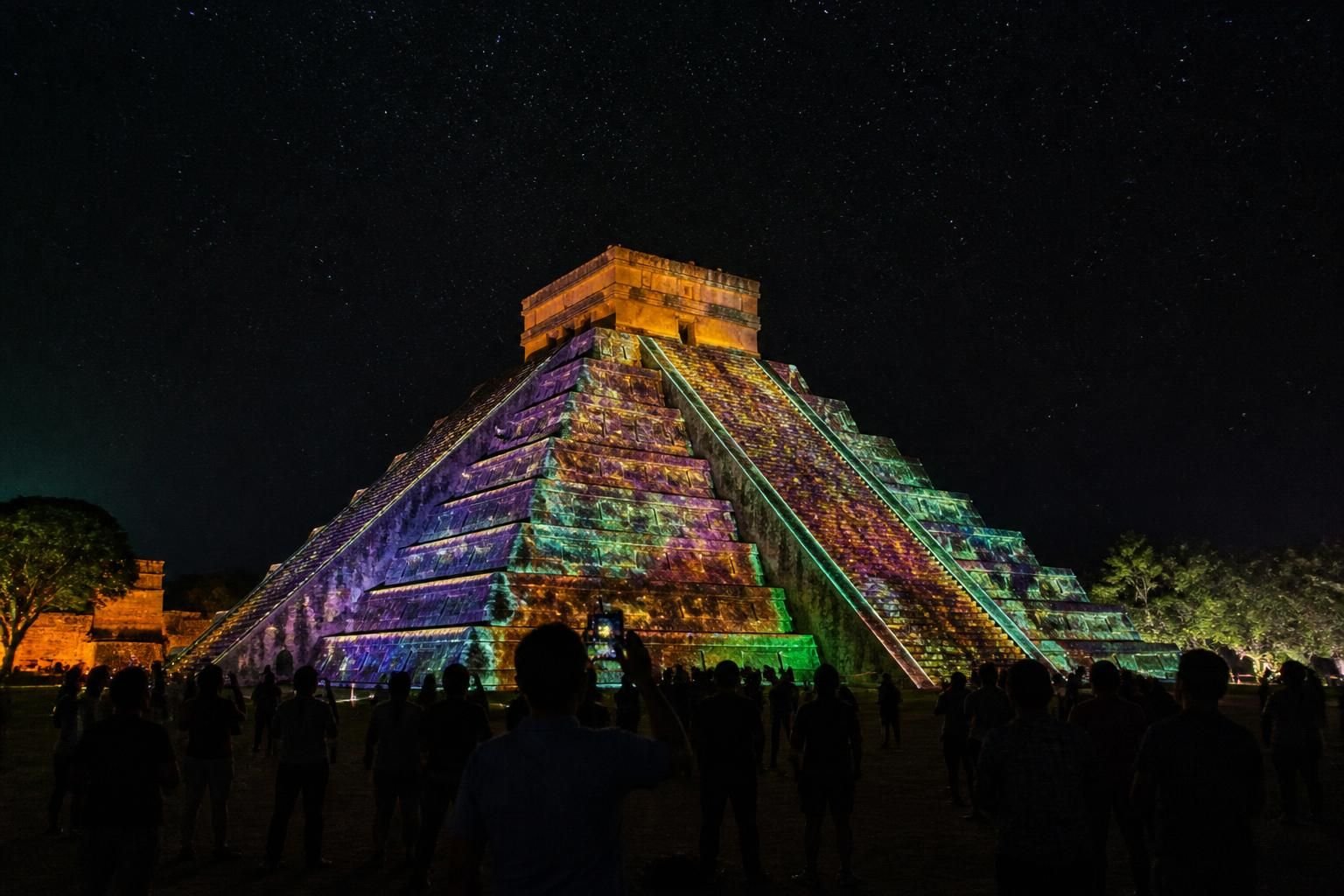 experience the enchanting chichen itza light show night tour and explore the ancient wonders illuminated under the stars. a magical journey into mayan history awaits you.